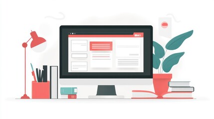 Leinwandbilder - A modern workspace featuring a computer, desk lamp, plants, and organized stationery.