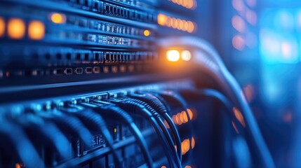 A close-up view of wires connected to a server, suitable for use in tech-related contexts