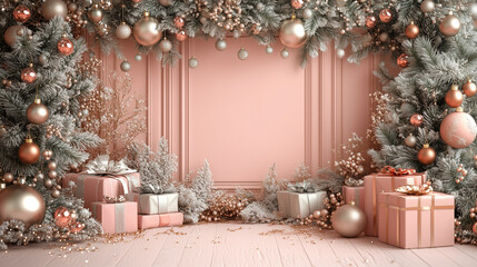 light pink background with silver garlands and gold christmas ornaments framing the top, with gifts 