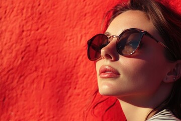 A woman wearing sunglasses leaning against a red wall, perfect for urban lifestyle or fashion photography