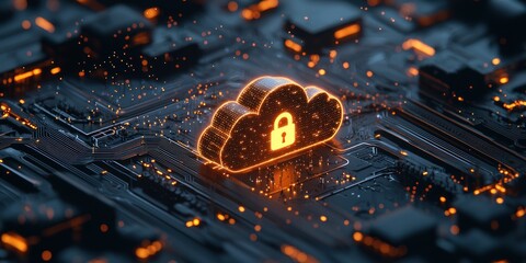 Aufkleber - A glowing cloud icon with a padlock on a circuit board