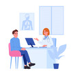 © GreenSkyStudio - Medical doctor appointment. Clinic worker with patient, doctor diagnosing and advising patient flat vector illustration. Healthcare and medicine concept