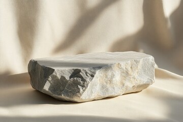 Canvas Print - A natural rock sits on a soft cloth surface, illuminated by gentle sunlight in a minimalist setting