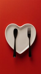 Wall Mural - A heart shaped white plate with black cutlery set on a vibrant red background