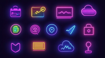 Neon Icons for Technology, Security, and More