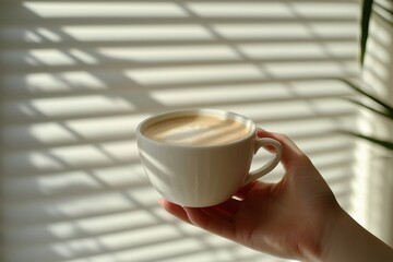 Poster - A person enjoying a warm cup of coffee indoors with sunlight creating striped shadows on the wall