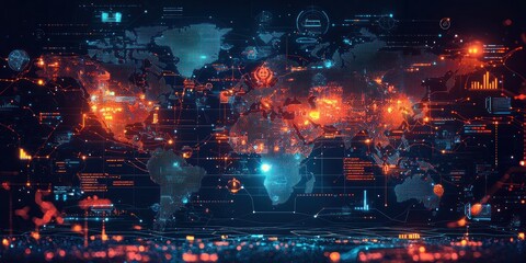 Aufkleber - Digital World Map with Glowing Lines and Data Visualization