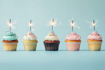 Wall Mural - Colorful cupcakes with sparklers arranged on a blue background for a festive celebration