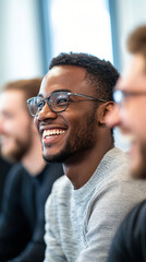 Wall Mural - Smiling young black professional engages with coworkers during a meeting