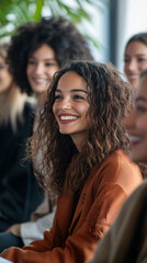 Wall Mural - Young businesswoman with curly hair is smiling while listening to a speaker at a business meeting