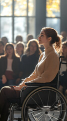 Canvas Print - Young woman sitting in a wheelchair attending a conference inside a modern bright building