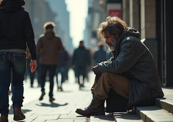 solitude and indifference. homeless man ignored in a busy city street. social isolation and urban ne