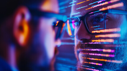 Close-up of a man's face, illuminated by colorful code on a screen.
