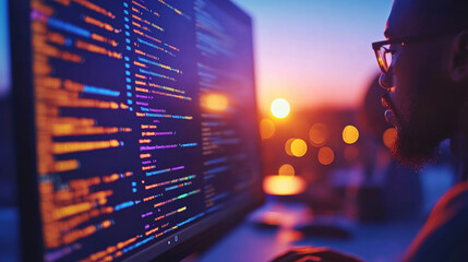A man working on code at night, focused on the screen.