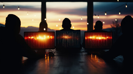 Silhouettes of people working on computers against a sunset backdrop.