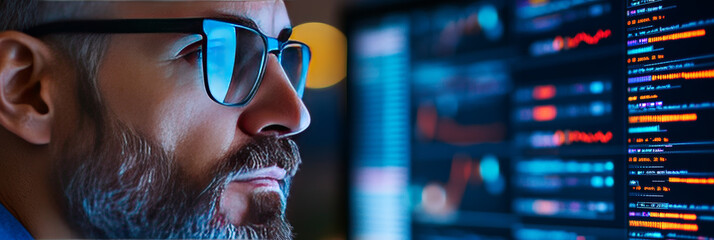 A man with glasses stares intently at lines of code on a computer screen.