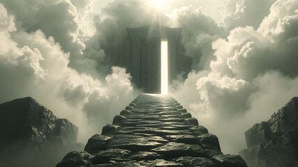 road to heaven with open door light at the end of the road road to god spiritual path