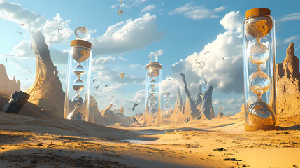 Wall Mural - A surreal desert with floating sand dunes, enormous hourglasses, and mystical creatures roaming the illustration, generative ai. Surreal. Illustration