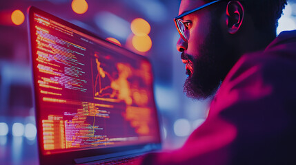 Focused programmer working late at night on a project.