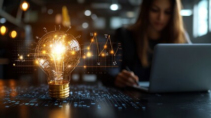 Wall Mural - A woman works on a laptop, while a glowing light bulb with sparkles symbolizes creativity and innovation in a modern workspace.