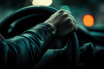 A person gripping the steering wheel in a car, ready to drive