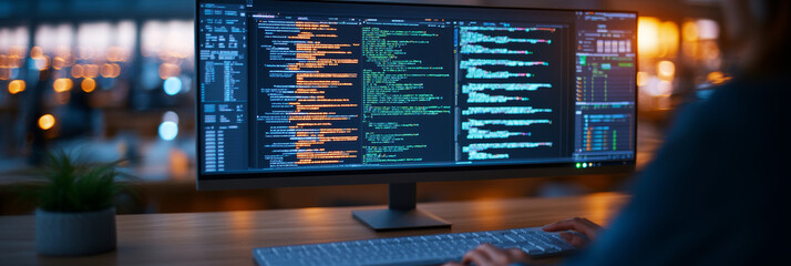 Programmer working late on a project, code on the screen.