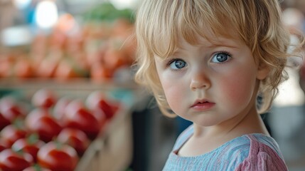 Sticker - A young girl holding up a basket of fresh tomatoes, great for food or market scenes