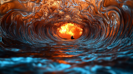 Sticker - A fiery sunset through a crashing wave creates an otherworldly scene.