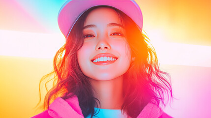 Wall Mural - Smiling young woman in a pink hat and jacket,  posing with a bright background.