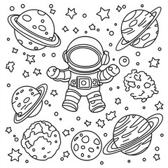 Sticker - A space expedition to different planets, coloring page for kids, simple outline illustration. Coloring book, simple lines.