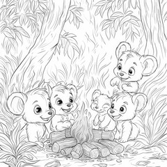 Sticker - A wildlife rescue scene with baby animals, coloring page for kids, simple outline illustration. Coloring book, simple lines.