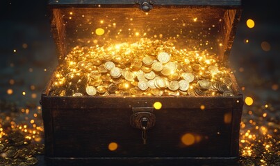 An open treasure chest filled with glowing gold coins, emitting sparkling light, symbolizing wealth, mystery, and discovery