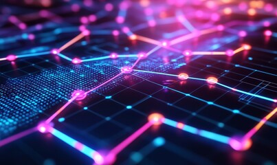 Blockchain data visualization, electric neon paths, digital finance network, futuristic backdrop