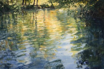 Poster - An Impressionistic Painting of a River Reflecting Sunlight Through Trees