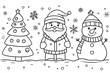 © JulieMeneghin - coloriage pour enfant, illustration noël,  père noël, cadeaux, bonhomme de neige, sapin, blanc, costume, tradition, neige, hiver