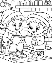 Sticker - Children reading holiday stories by the fireplace, coloring page for kids, simple outline illustration. Coloring book, simple lines.