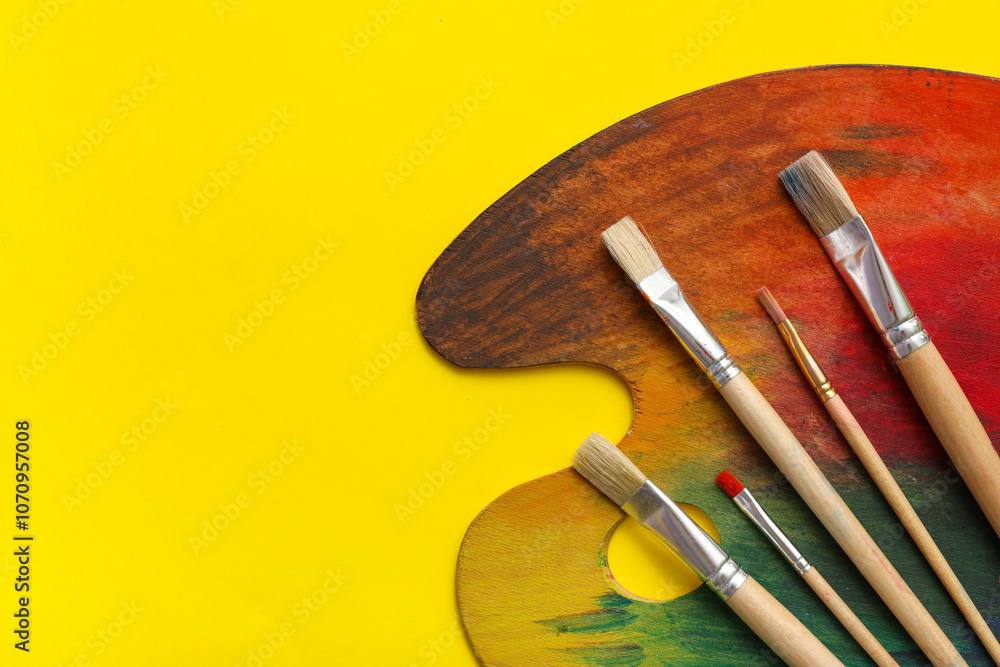 Artist brushes and palette on yellow background