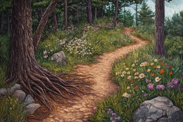 Poster - A Winding Path Through a Lush Forest with a Large Tree and Exposed Roots