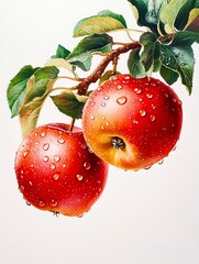 Poster - A painting of two red apples hanging from a tree branch