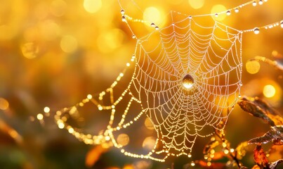 Dew-Covered Spiderweb at Sunset