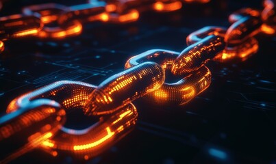 Blockchain ledger, neon light web, glowing financial data paths, dark futuristic background