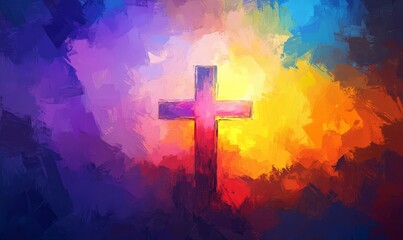 Colorful painting art of an abstract digital background with cross. Christian illustration