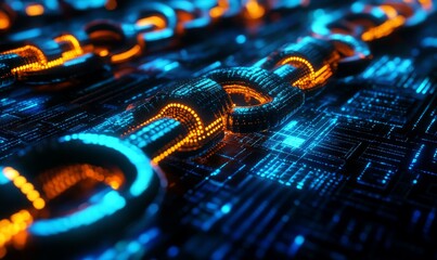 Blockchain visualization, glowing neon financial paths, dark futuristic background