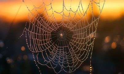 Dew-Covered Spiderweb at Sunset