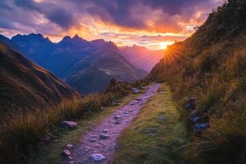 Poster - A Stone Path Through Majestic Mountains at Sunset