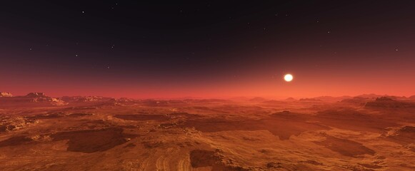 Wall Mural - panorama of mars at sunset, sunrise above the surface of mars, martian landscape, 3d rendering