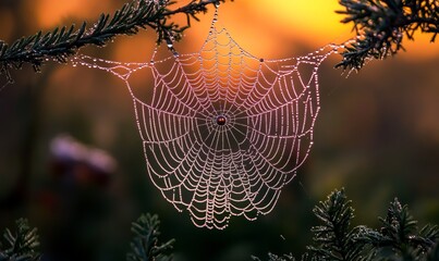 Dew-Covered Spiderweb at Sunset