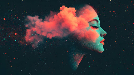 Wall Mural - woman with cosmic makeup and a cloud of dust, female, portrait, face, profile, side view