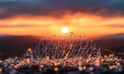 Sticker - Dew-Covered Spiderweb at Sunset