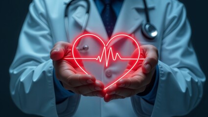 Neon heart with a cardiogram in the hands of a cardiologist. The concept of prevention and treatment of cardiovascular diseases. Modern medical technologies